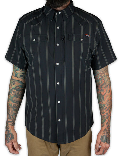 Short sleeve Daryll SS shirt in vintage black from Off The Grid Surplus, showing the classic fit and fabric texture.