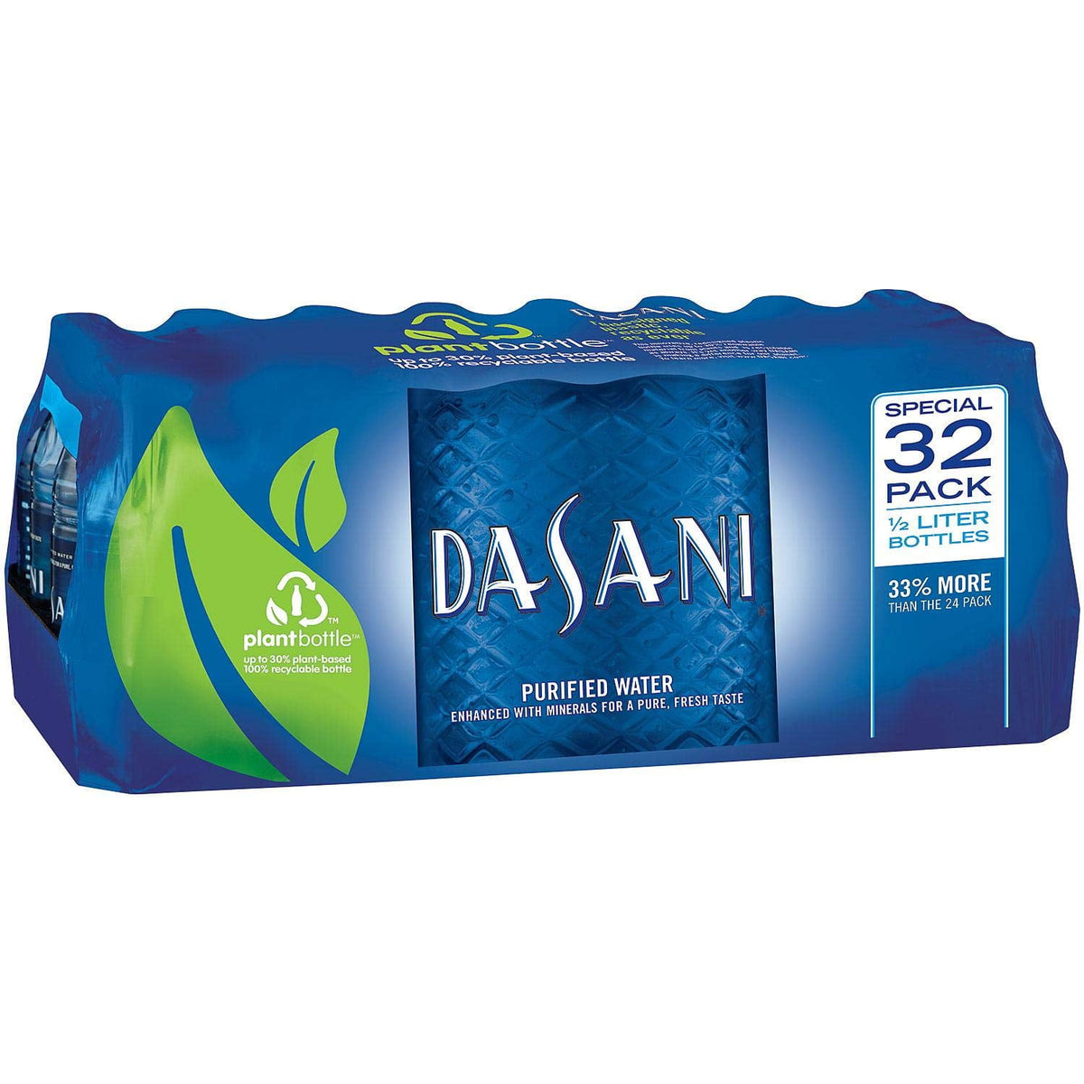 Dasani purified bottled water in 16.9 oz. bottles, 32-pack, with clear label and blue cap, arranged in a retail display.