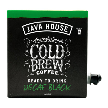 Decaf cold brew coffee on tap by Java House, shown in a glass with spout and tap handle on the left side.