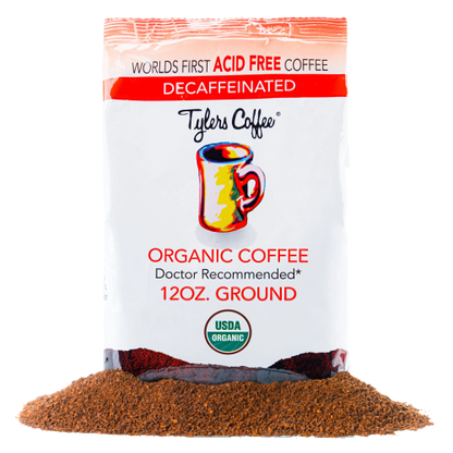 Decaf acid-free ground coffee in a 12oz bag from Tylers Coffees with a clear label and packaging.
