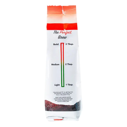Decaf acid-free ground coffee in a 12oz bag from Tylers Coffees, showing the packaging with coffee grounds inside.