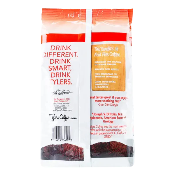Decaf acid-free ground coffee in a 12oz bag from Tylers Coffees, showcasing the product packaging and branding.