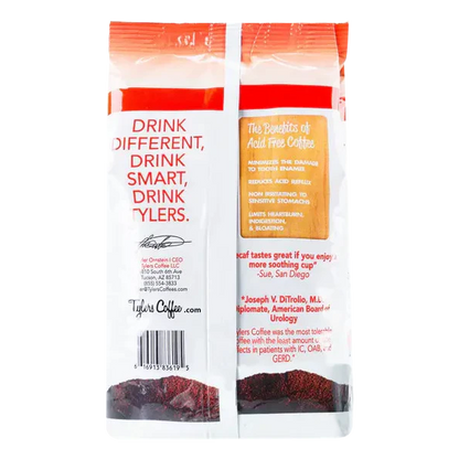 Decaf acid-free ground coffee in a 12oz bag from Tylers Coffees, showcasing the product packaging and branding.