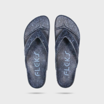 Fleks West Beach Flip Flop in deep blue sea color, with a simple strap design, shown from a vertical angle.