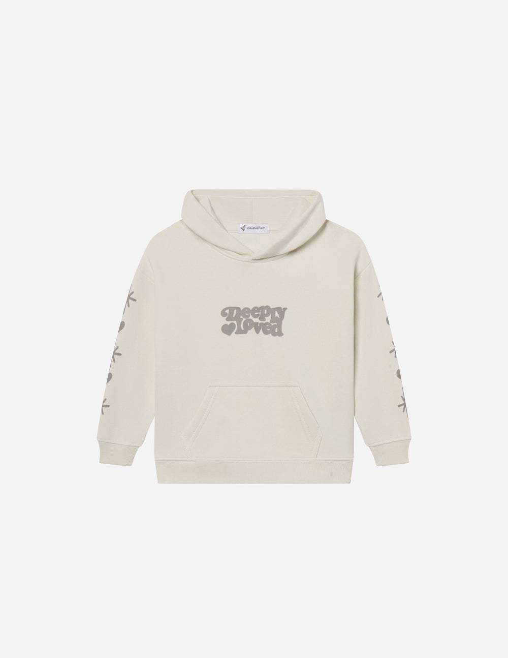 Kids hoodie by Elevated Faith featuring "Deeply Loved" design, soft fabric, and bright colors, perfect for children's casual wear.