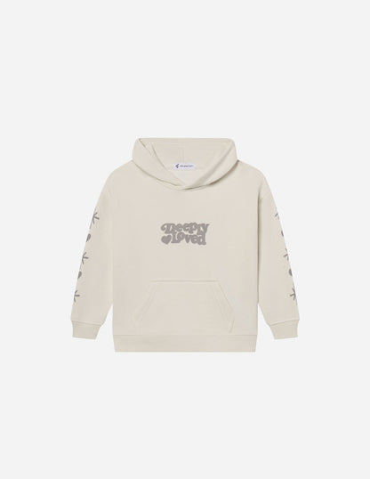 Kids hoodie by Elevated Faith featuring "Deeply Loved" design, soft fabric, and bright colors, perfect for children's casual wear.