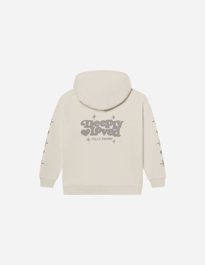 Kids hoodie from Elevated Faith featuring a "Deeply Loved" design, soft fabric, and comfortable fit for children.