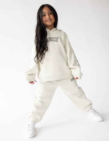 Kids hoodie by Elevated Faith featuring "Deeply Loved" design, soft fabric, and comfortable fit for children.
