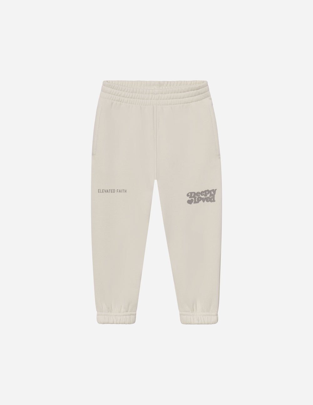 Kids sweatpant from Elevated Faith featuring a soft fabric and "Deeply Loved" print, perfect for comfortable, casual wear.