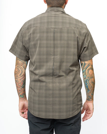 Off The Grid Surplus Deke SS Shirt in Beluga Brown, short sleeve casual shirt with a relaxed fit and button-up front.