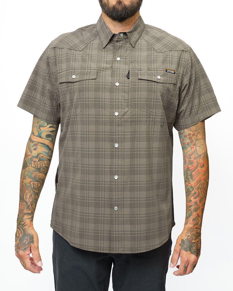 Off The Grid Surplus Deke SS Shirt in Beluga Brown, short sleeve casual shirt with a relaxed fit and button front.