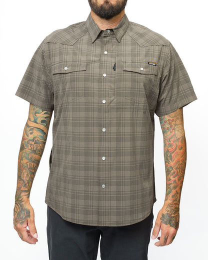Off The Grid Surplus Deke SS Shirt in Beluga Brown, short sleeve casual shirt with a relaxed fit and button front.