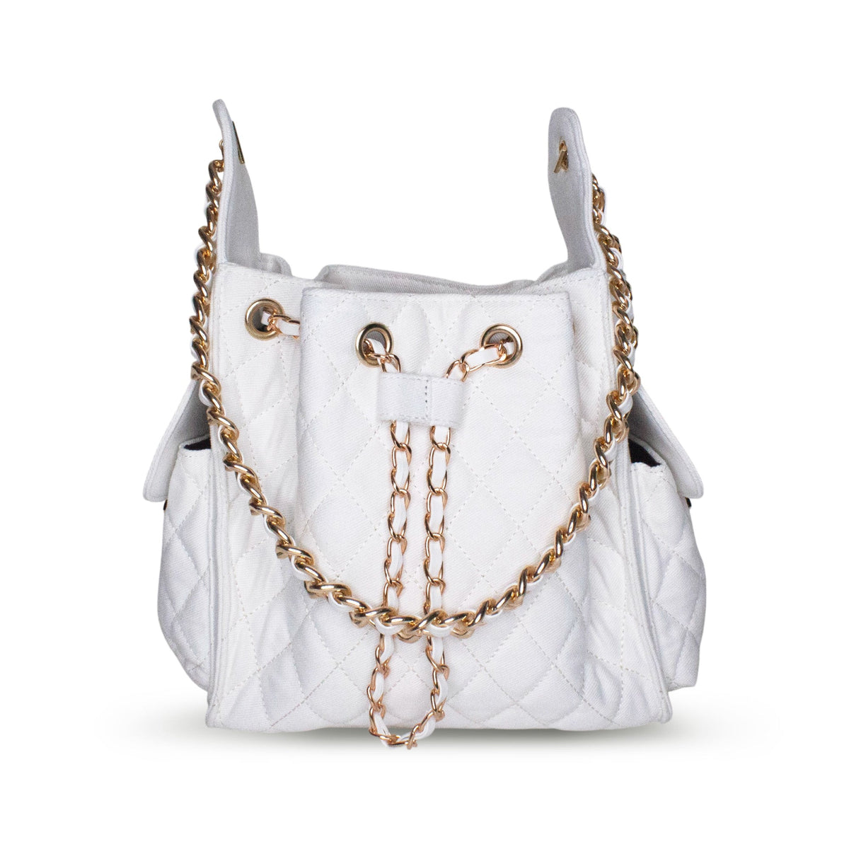 Small Bayshore Bucket in white denim by BEACH HAUS, featuring a casual denim fabric with a structured bucket shape.