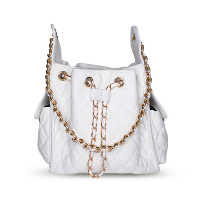 Small Bayshore Bucket in white denim by BEACH HAUS, featuring a casual denim fabric with a structured bucket shape.