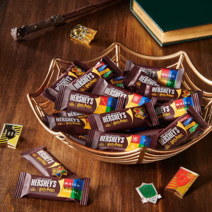 Hershey's Milk Chocolate Harry Potter snack size bars from Candy In Bulk, shown in a bulk value bag, with colorful Harry Potter-themed packaging.
