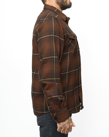 Burnt brown Destroyer Flannel shirt by Off The Grid Surplus, shown with a cozy, soft fabric and classic plaid pattern.