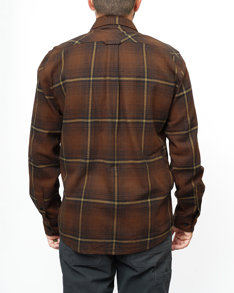 Burnt brown Destroyer Flannel by Off The Grid Surplus, featuring a cozy plaid pattern and soft fabric for casual wear.