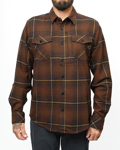 Burnt brown Destroyer Flannel shirt by Off The Grid Surplus featuring a soft, plaid design and button-up front.