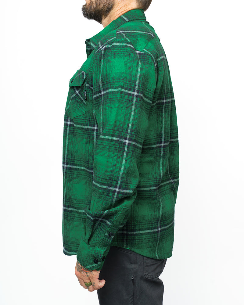 Off The Grid Surplus Destroyer Flannel in Fairway color, showcasing a cozy plaid flannel shirt with a button-up design.