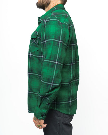 Off The Grid Surplus Destroyer Flannel in Fairway color, showcasing a cozy plaid flannel shirt with a button-up design.