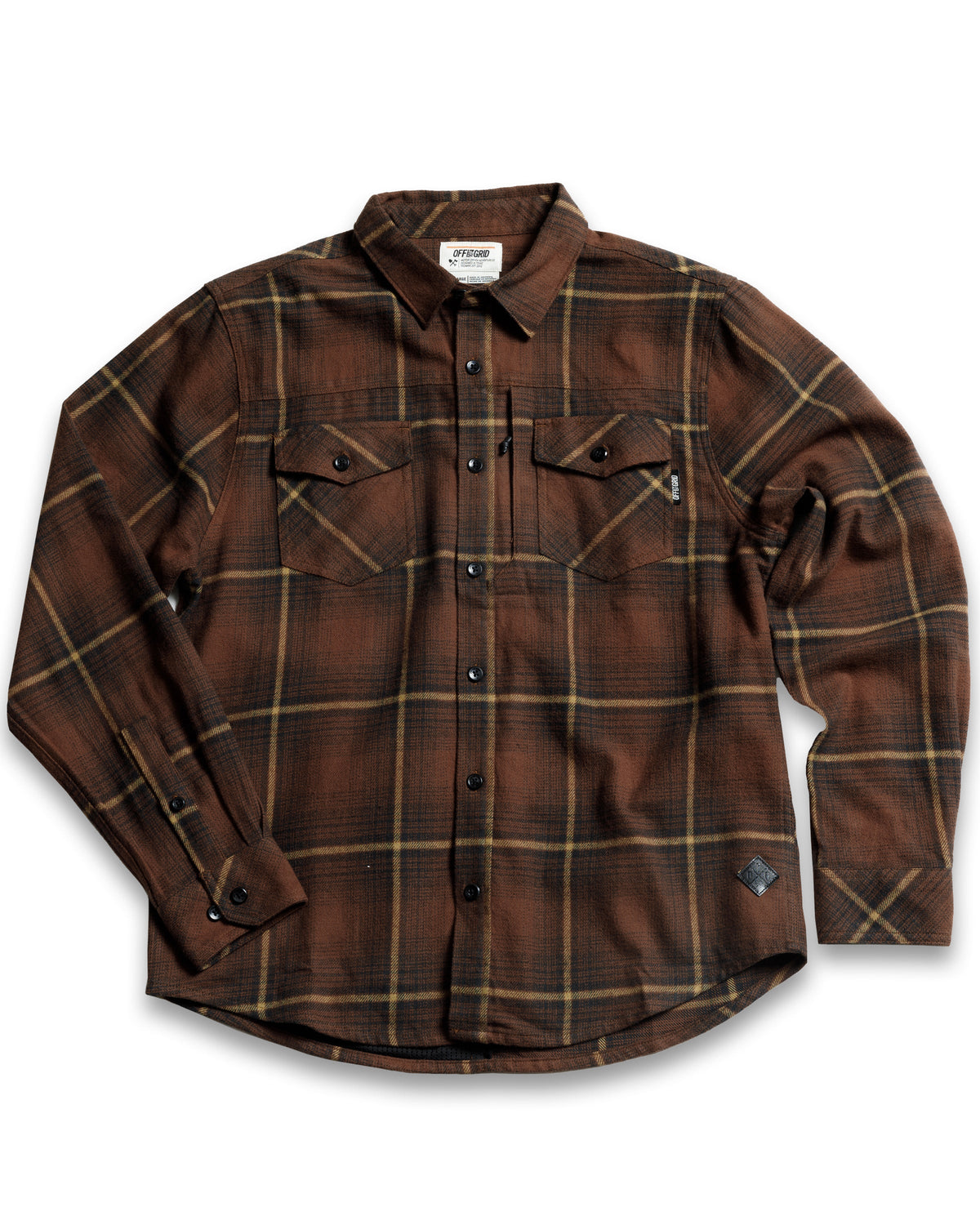 Burnt brown Destroyer Flannel shirt by Off The Grid Surplus, showing the soft fabric and classic plaid pattern.