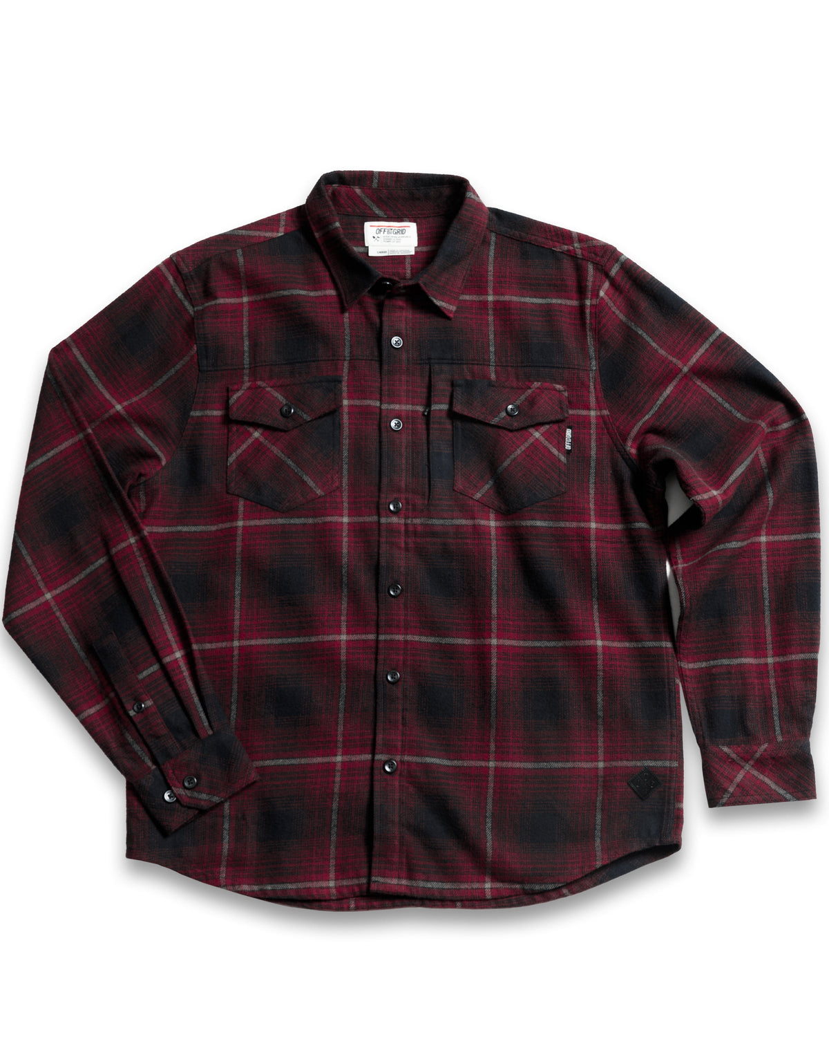 Black Destroyer Flannel shirt by Off The Grid Surplus, showing a close-up of the soft, plaid fabric and classic button details.