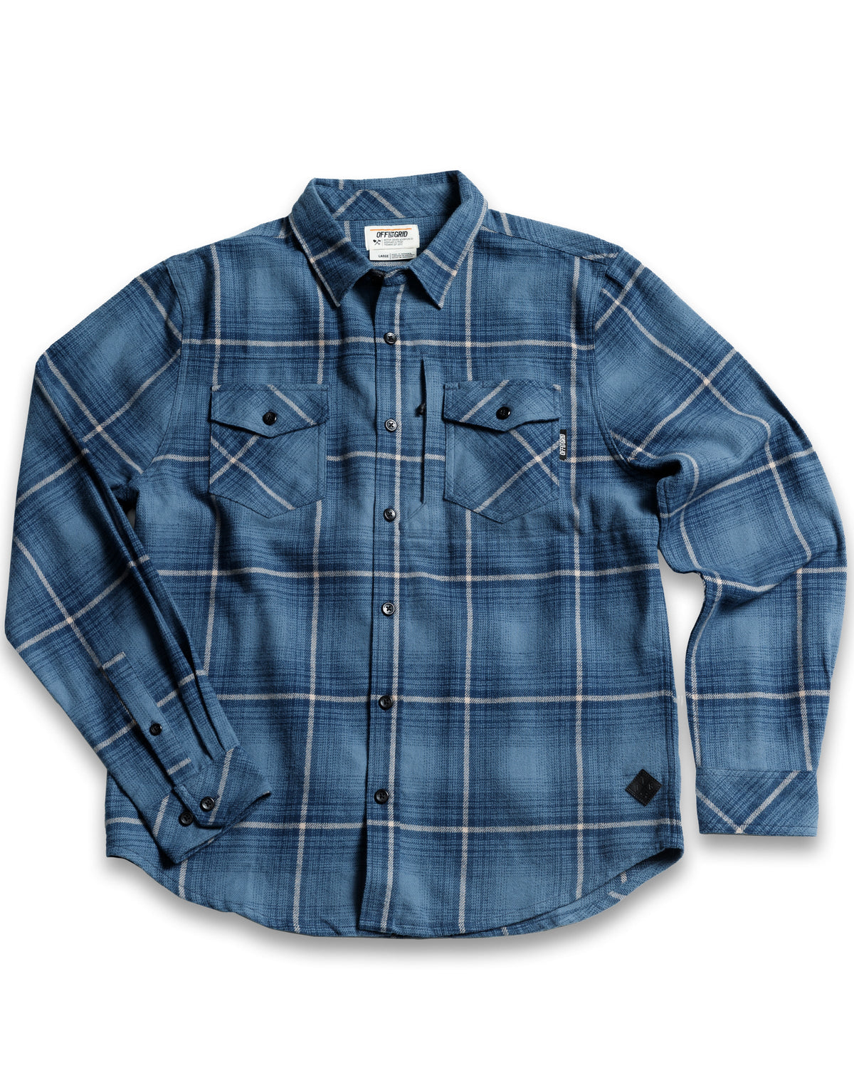 Pale blue Destroyer Flannel shirt by Off The Grid Surplus, showing a soft, long-sleeve flannel with button-up front and classic collar.