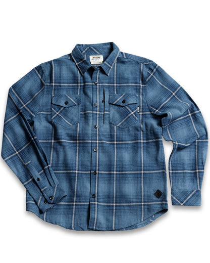 Pale blue Destroyer Flannel shirt by Off The Grid Surplus, showing a soft, long-sleeve flannel with button-up front and classic collar.