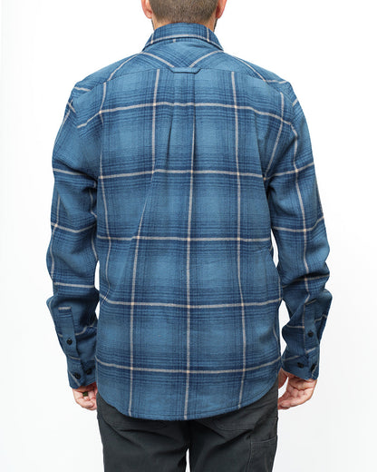 Pale blue Off The Grid Surplus Destroyer Flannel shirt with button-up front and classic plaid pattern.