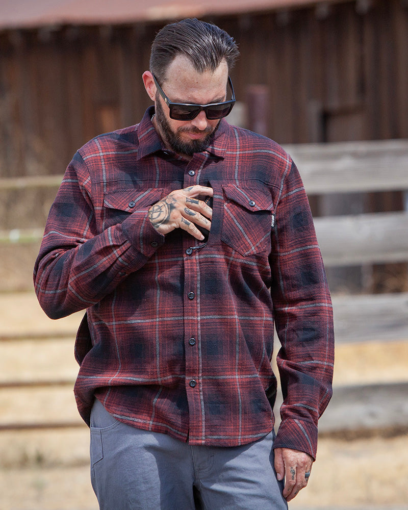 Black Destroyer Flannel by Off The Grid Surplus, close-up of soft, woven fabric showing the flannel's texture and pattern.