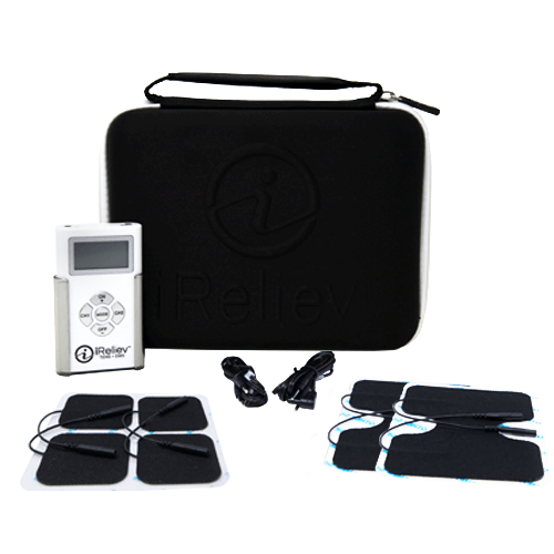iReliev TENS unit pain relief device with case and electrode pads for muscle recovery and pain management.