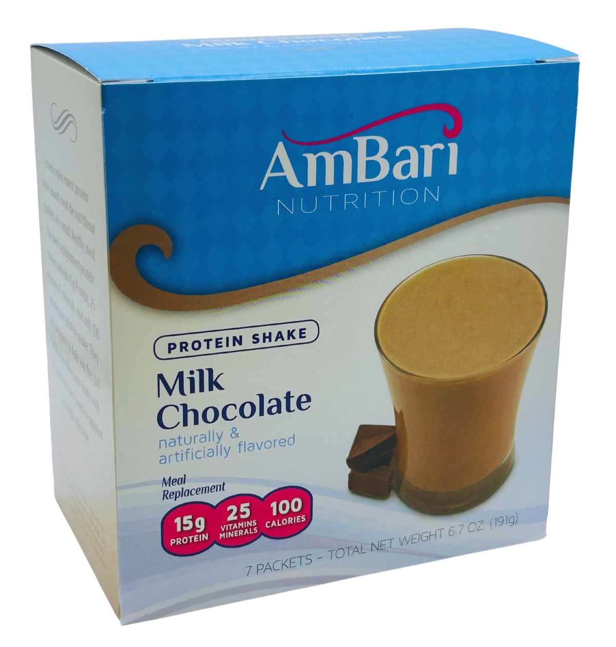 Creamy milk chocolate shake by AmBari Nutrition, a diabetic-friendly protein shake in a glass with a straw.