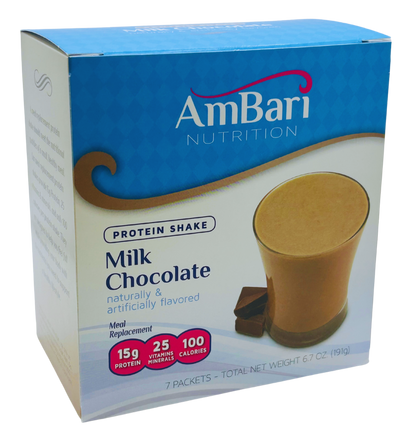 Creamy milk chocolate shake by AmBari Nutrition, a diabetic-friendly protein shake in a glass with a straw.