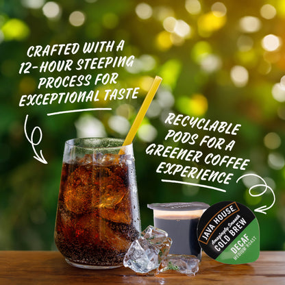Decaf cold brew coffee pods by Java House, showing a box of single-serve coffee pods suitable for cold brew preparation.