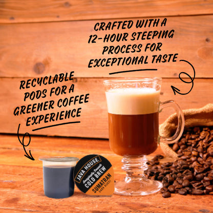 Java House Cold Brew Coffee Pods with Sumatran blend, showing dark roasted coffee pods on a neutral background.