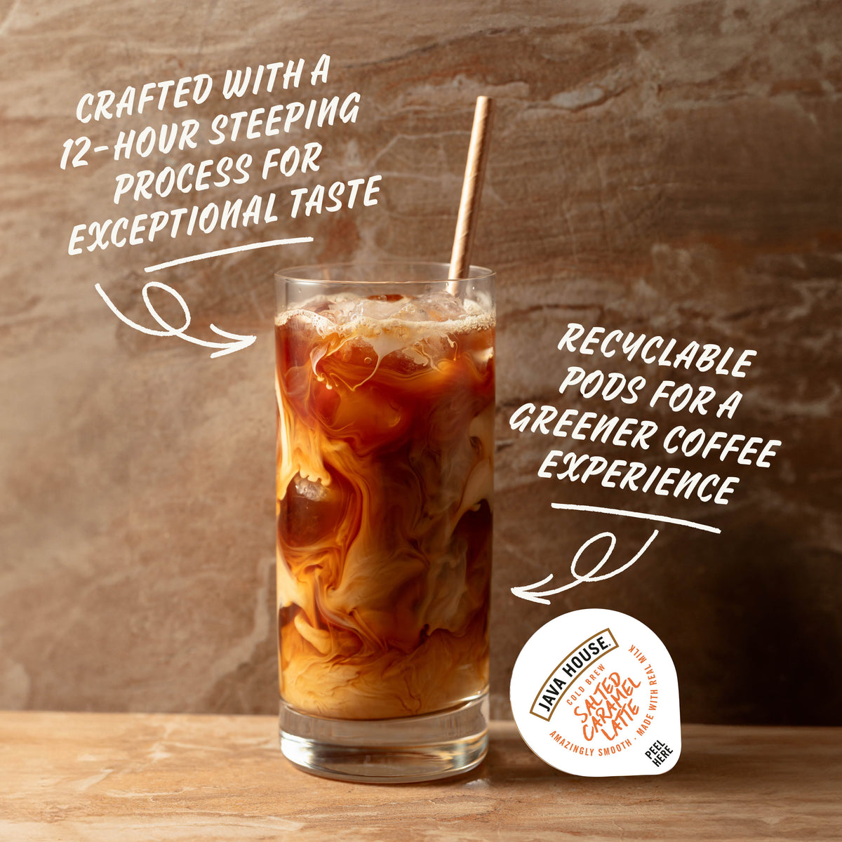 Cold Brew Latte with Salted Caramel flavor from Java House, featuring a creamy coffee beverage with caramel drizzle in a clear glass.