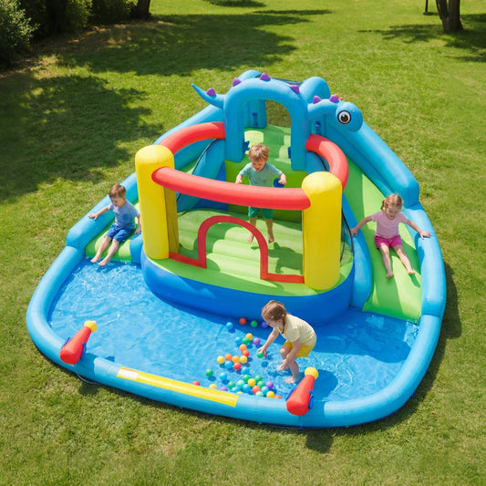 Dinosaur-themed inflatable water slide park for kids with bright colors, bounce house features, and dinosaur illustrations.