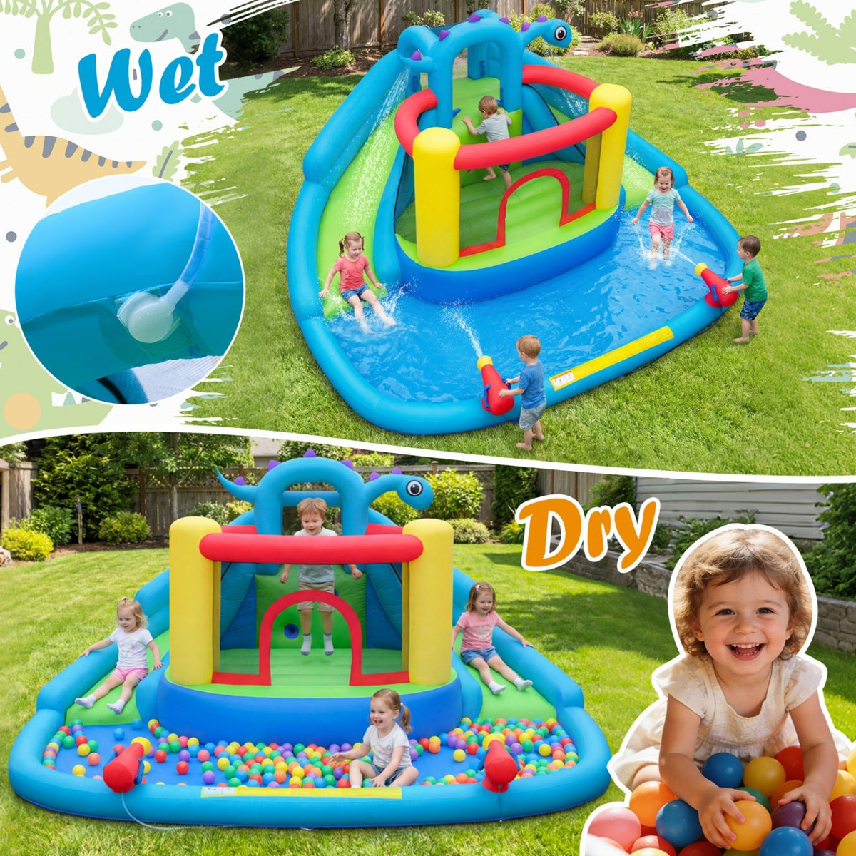 Colorful dinosaur-themed inflatable water slide park for kids, featuring bright dinosaur illustrations and a bounce house area.