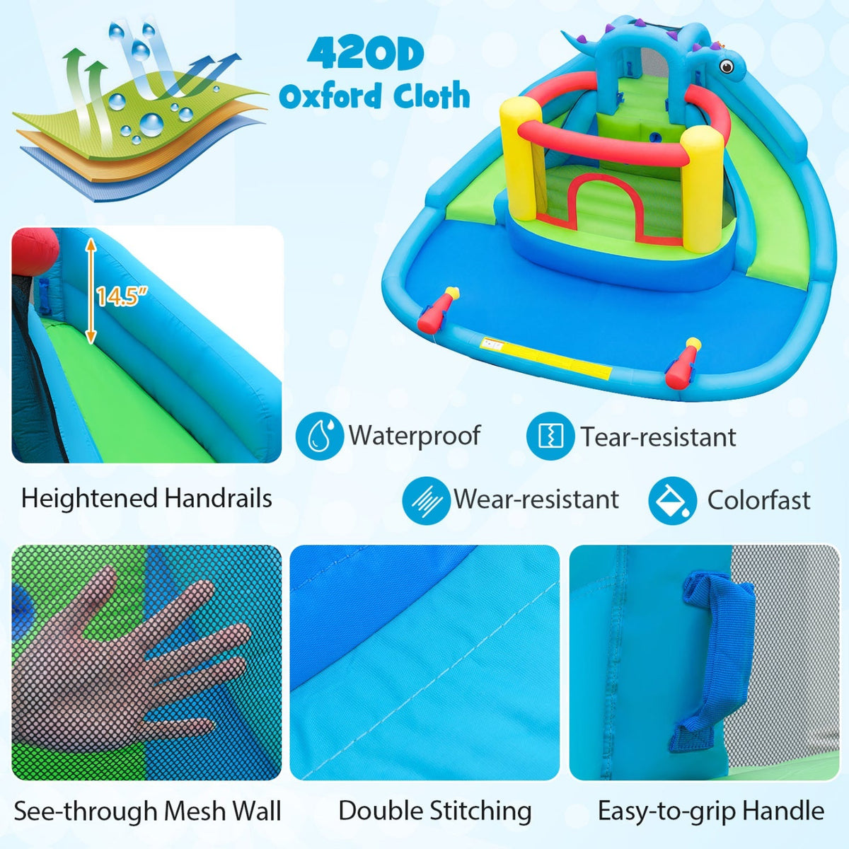 Dinosaur-themed inflatable water slide and bounce house for kids, featuring colorful dinosaur designs and play areas.