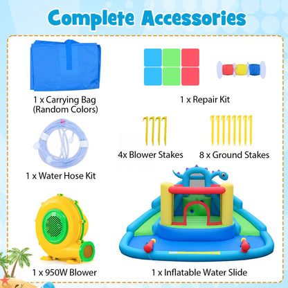Colorful dinosaur-themed inflatable water slide park and bounce house for kids with vibrant dinosaur designs and playful features.
