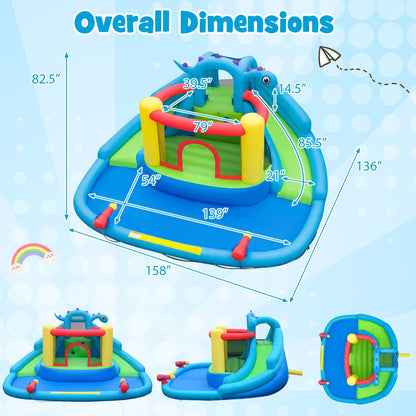 Dinosaur-themed inflatable water slide park with bounce house for kids, featuring colorful dinosaur designs and water spraying features.