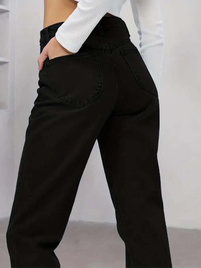 Black Raw Hem High Waist Straight Jeans for Women
