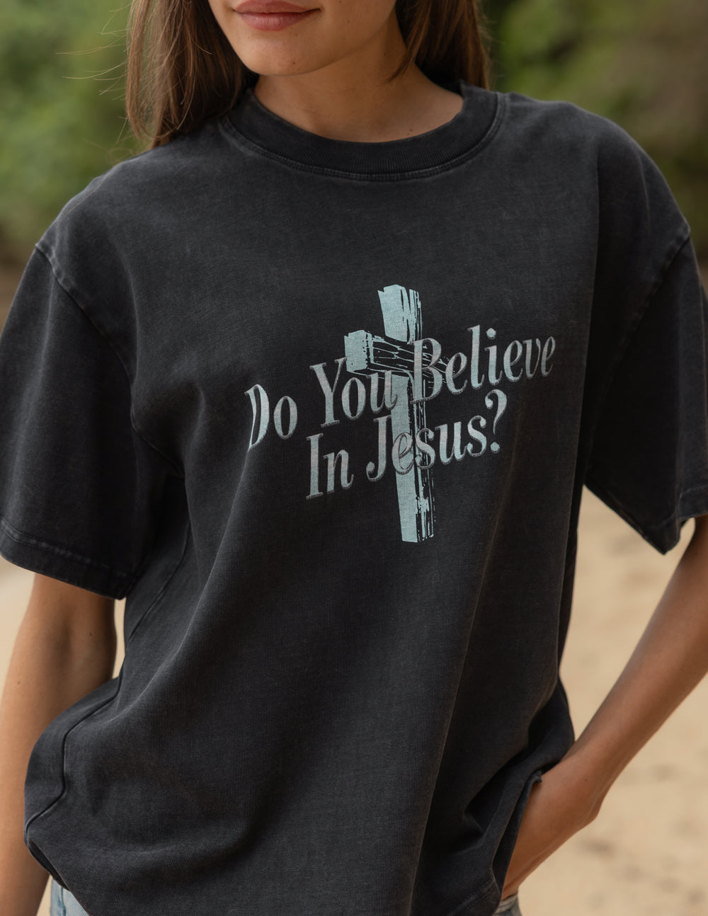 Black heavyweight T-shirt by Elevated Faith with "Do You Believe in Jesus" printed front design.