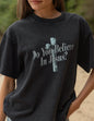 Black heavyweight T-shirt by Elevated Faith with "Do You Believe in Jesus" printed front design.