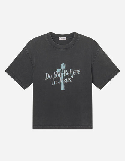 Elevated Faith heavyweight T-shirt with religious message "Do You Believe in Jesus" printed on the front, casual Christian apparel.