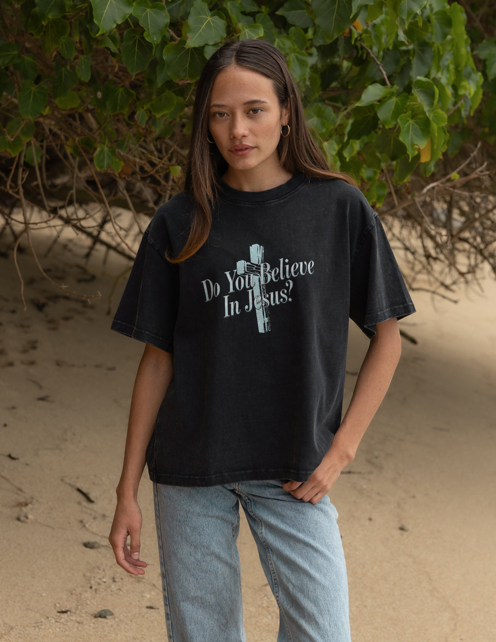 Black heavyweight Jesus T-shirt by Elevated Faith featuring a bold graphic design and inspirational message.