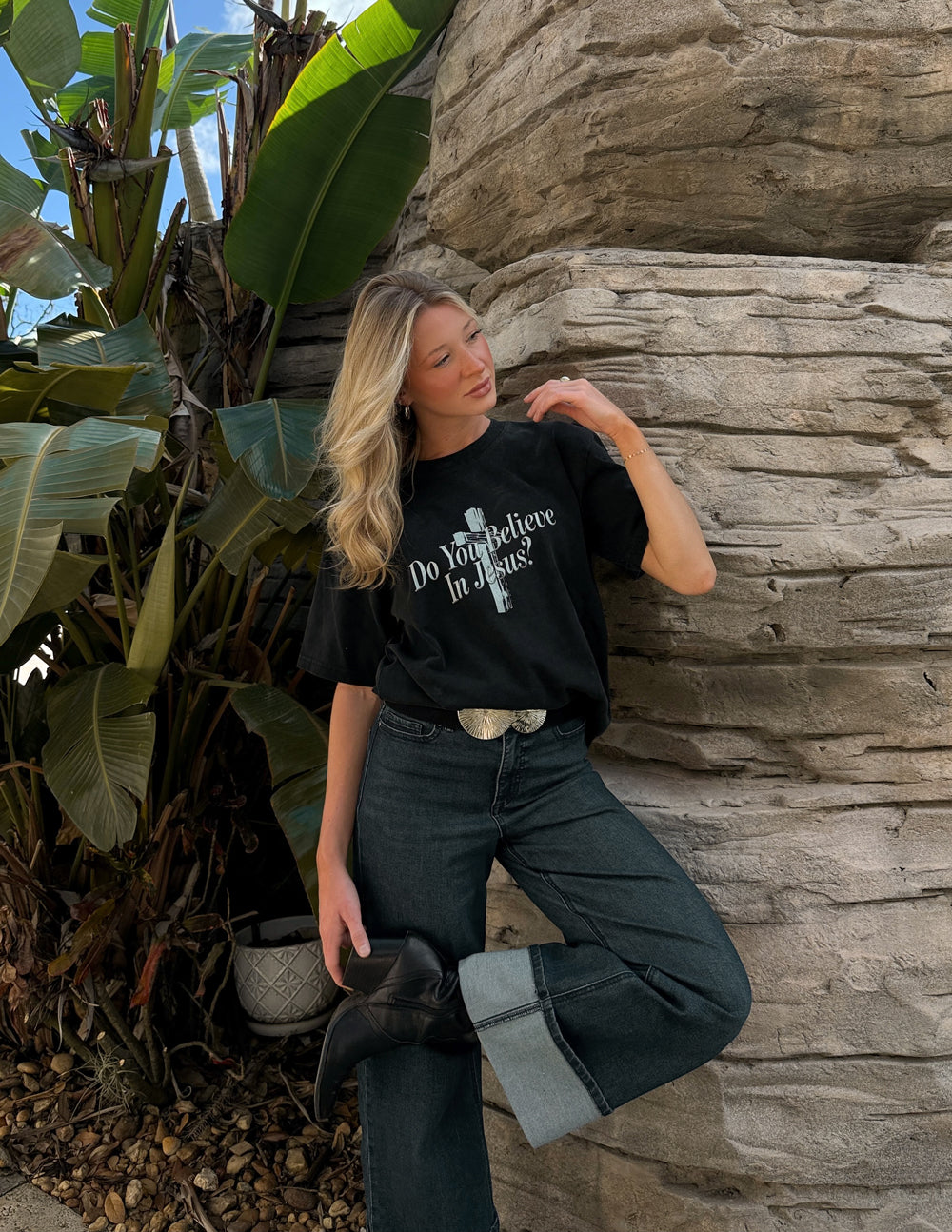 Black heavyweight T-shirt by Elevated Faith with "Do You Believe in Jesus" printed design on front.
