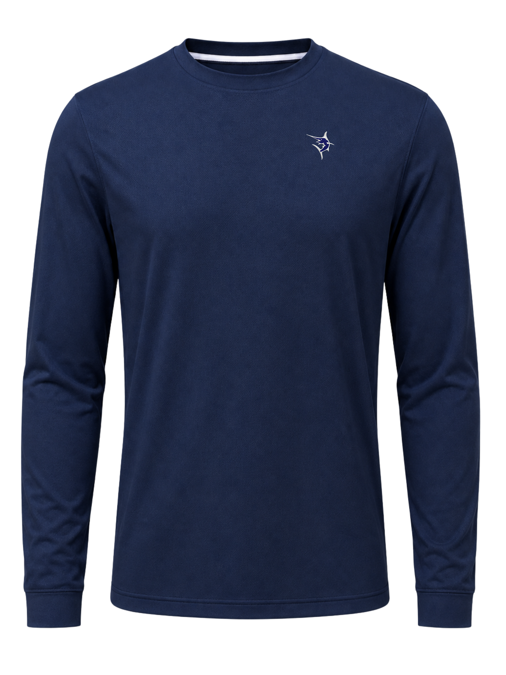 Navy long sleeve shirt by White Water Life, Dockside Performance Long Sleeve, displayed on a hanger.