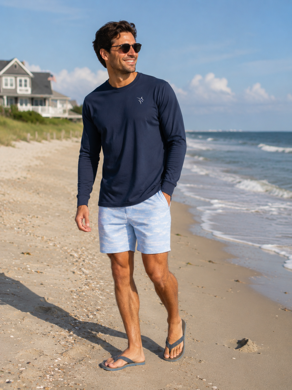 White Water Life Dockside Performance navy long sleeve shirt shown in a casual lifestyle setting.