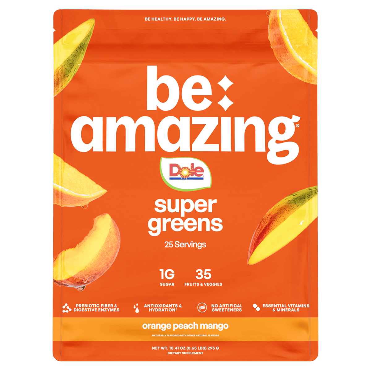 Be Amazing Super Greens powder with Dole orange, peach, and mango flavors in a vibrant green blend.